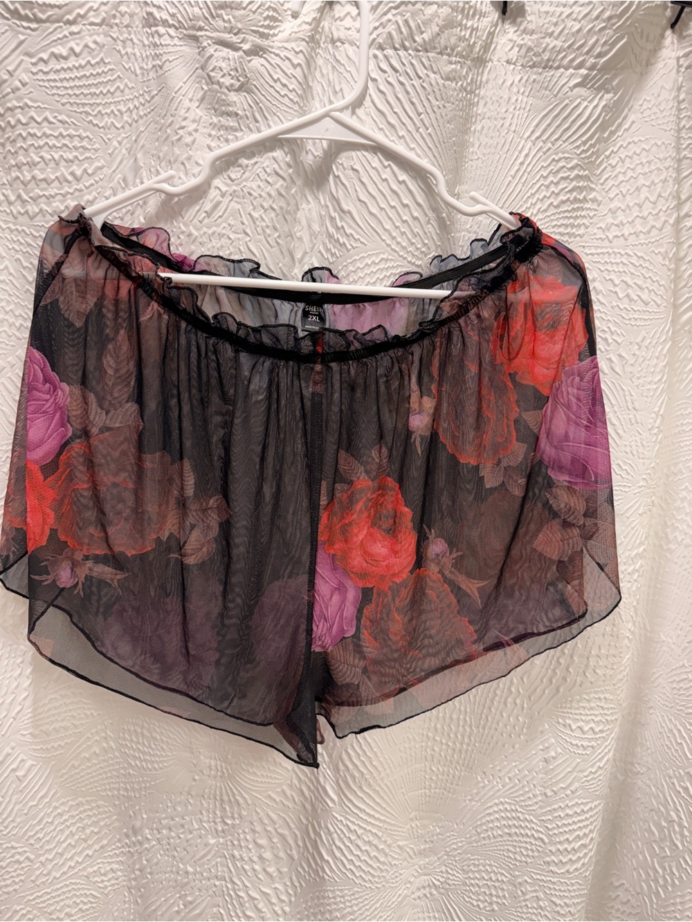 Sheer Floral Mesh Sleep or Layering Shorts with Red & Purple Roses Size 2XL